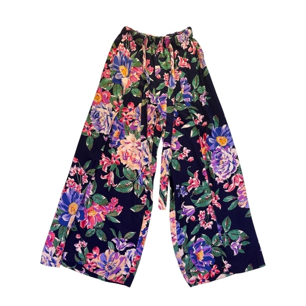 Angie Floral Split Leg Palazzo Pants S Wide Leg Boho Fly Away Flowy Tie Waist